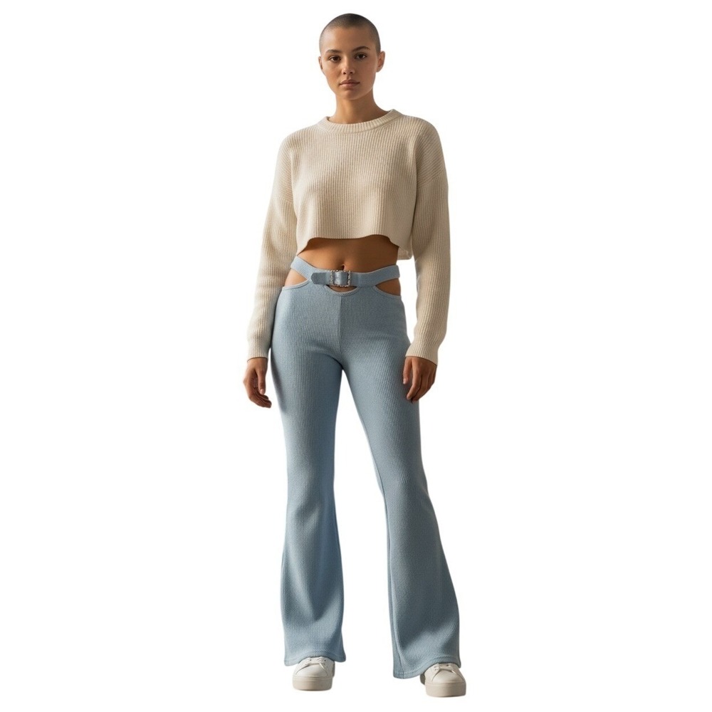 Fashion Nova Y2K Flare Pants Cutout Waist Blue Ribbed Baddie Festival Style M